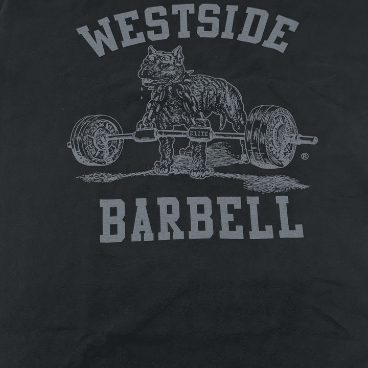 Close-up detail of the Nitro pitbull front print on the washed black tee
