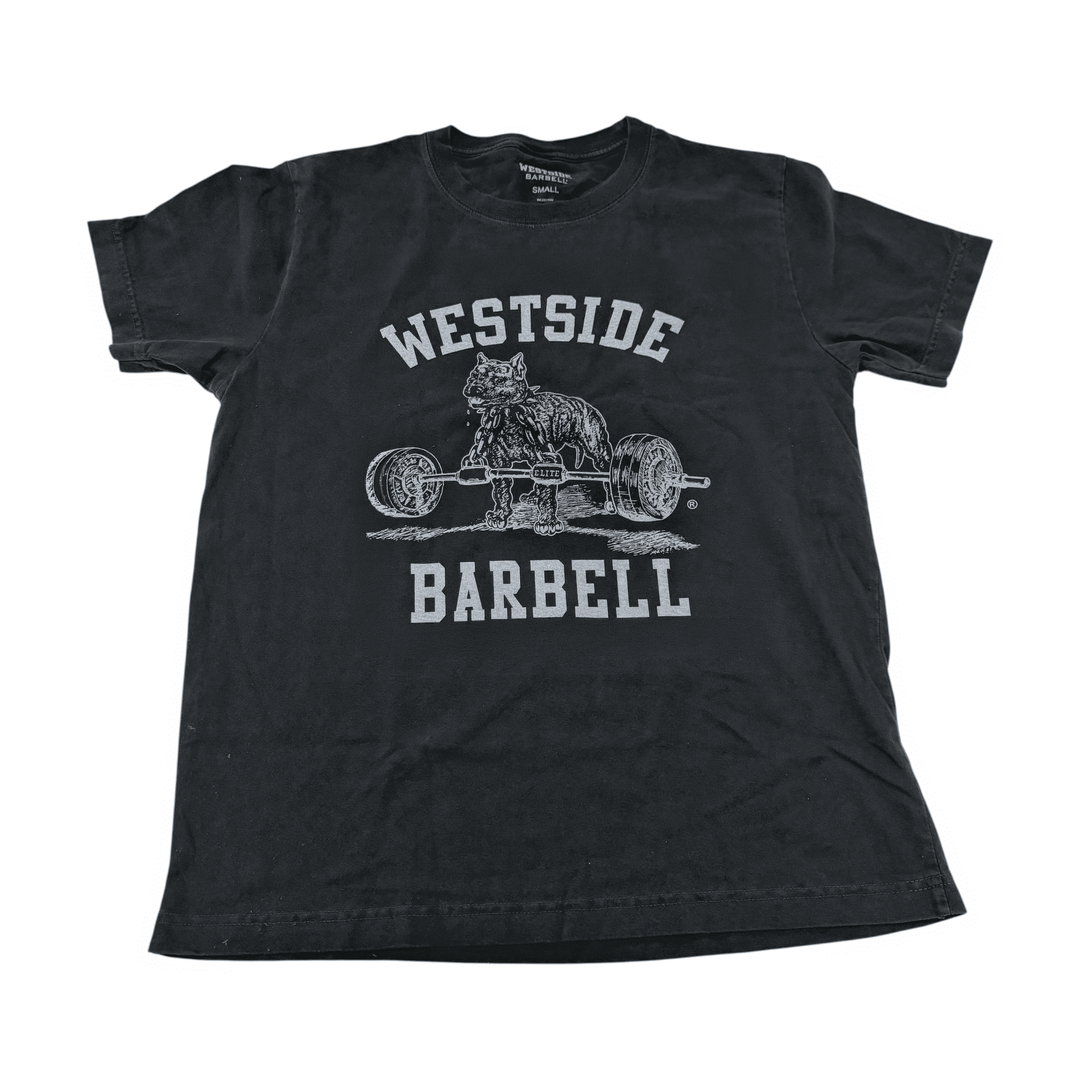 Westside Barbell Washed OG Nitro Tee in washed black, front view with Nitro pitbull logo