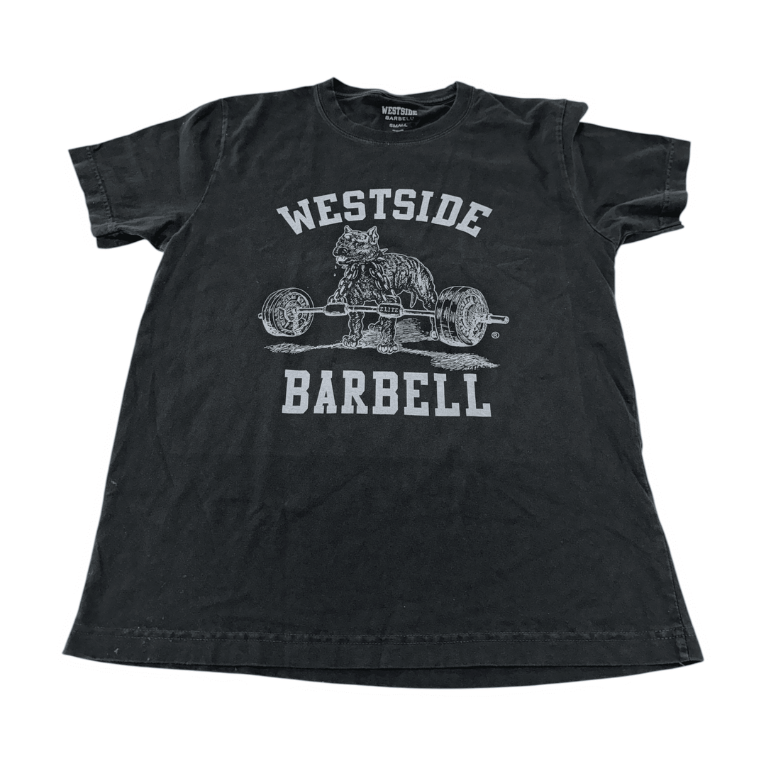 Westside Barbell Washed OG Nitro Tee in washed black, front view flat lay
