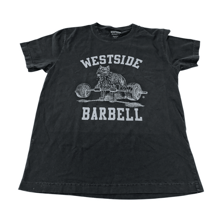 Westside Barbell Washed OG Nitro Tee in washed black, front view flat lay