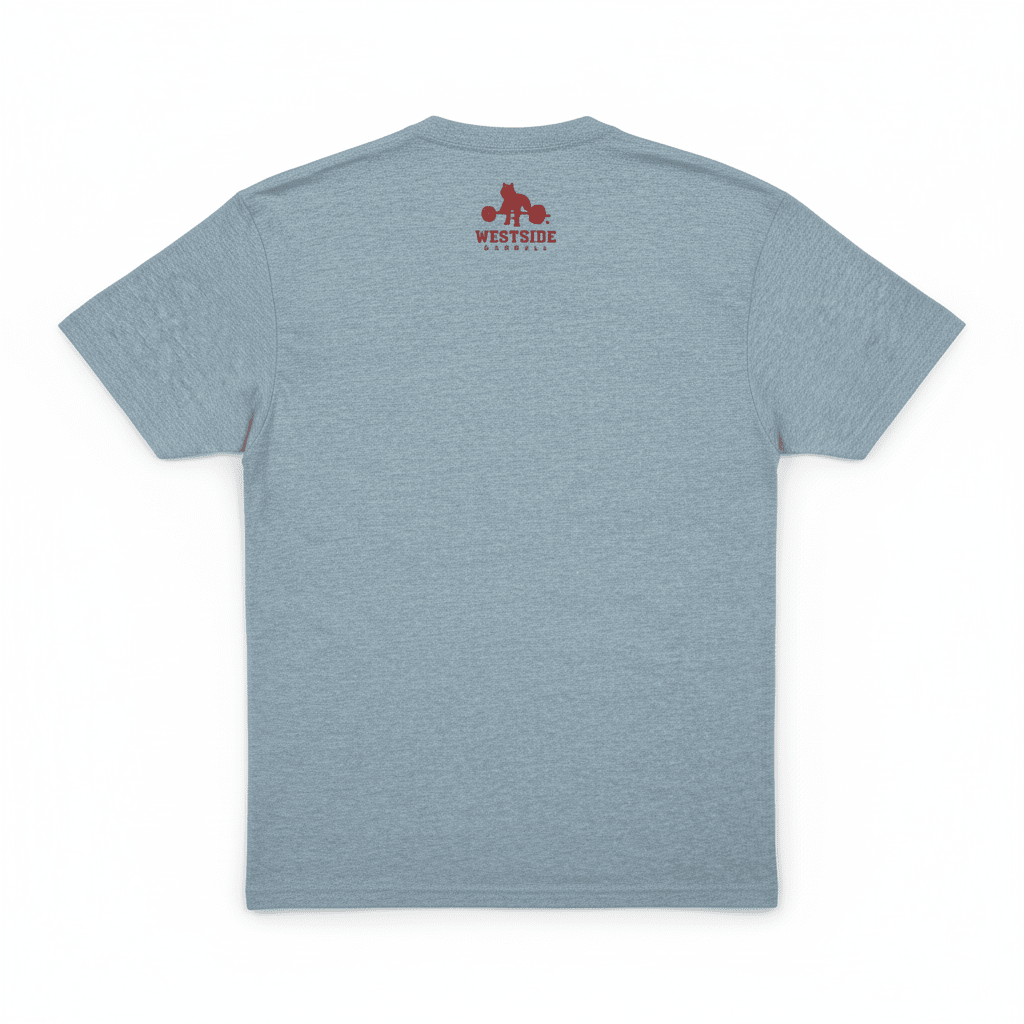 grey t-shirt with a red logo on the back against a white background
