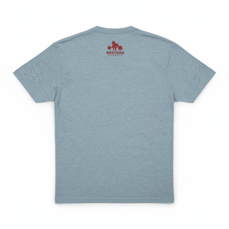grey t-shirt with a red logo on the back against a white background