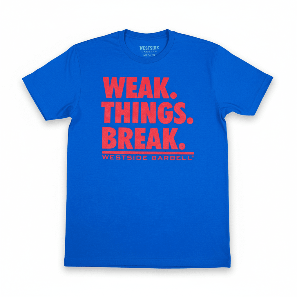 Blue t-shirt with red text 'Weak. Things. Break.' on a white background