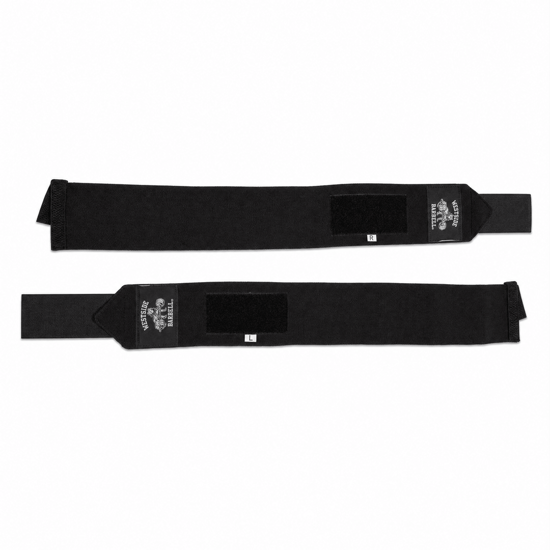 Westside Barbell 16-inch Velcro weightlifting wrist wraps, pair flat lay