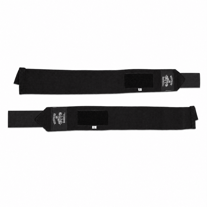 Westside Barbell 16-inch Velcro weightlifting wrist wraps, pair flat lay