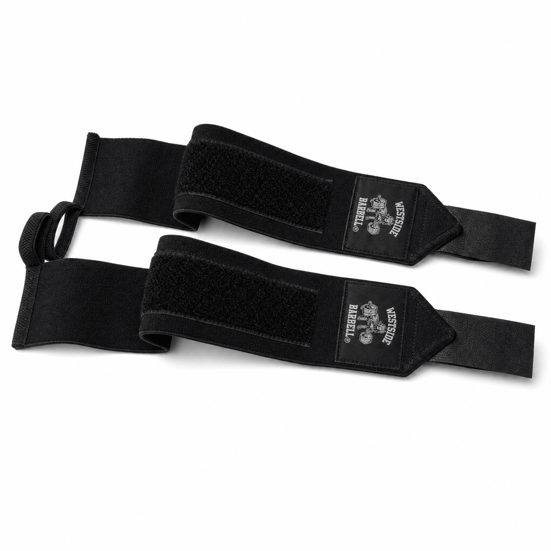 Westside Barbell 16-inch Velcro weightlifting wrist wraps, pair with thumb loop detail
