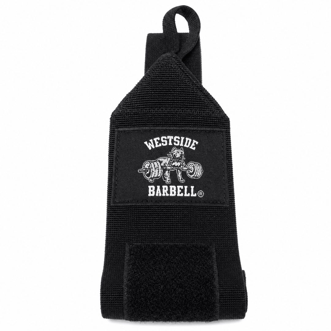 Single Westside Barbell wrist wrap hanging, showing the logo patch