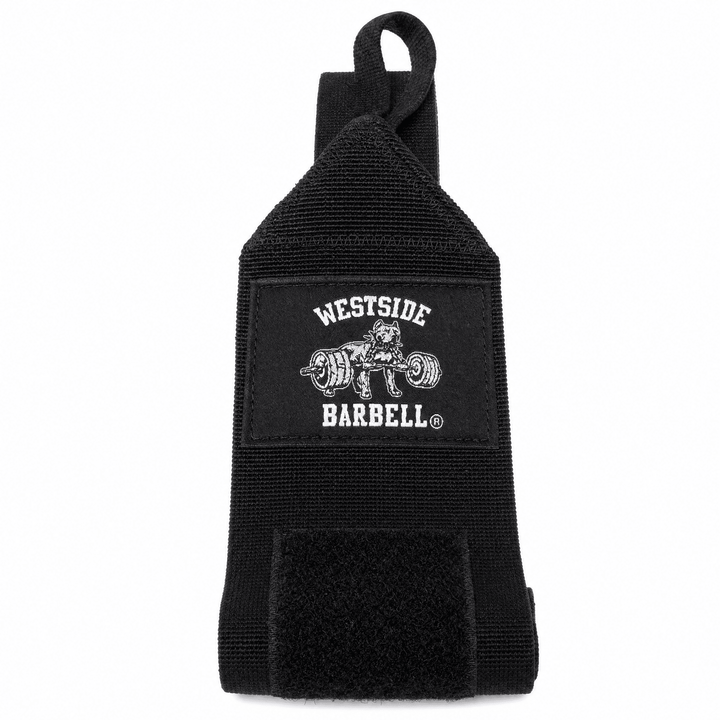 Single Westside Barbell wrist wrap hanging, showing the logo patch