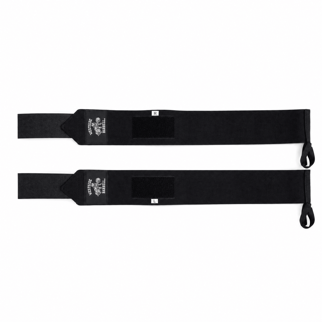 Westside Barbell 24-inch Velcro weightlifting wrist wraps, pair flat lay