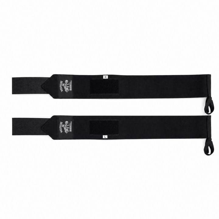 Westside Barbell 24-inch Velcro weightlifting wrist wraps, pair flat lay