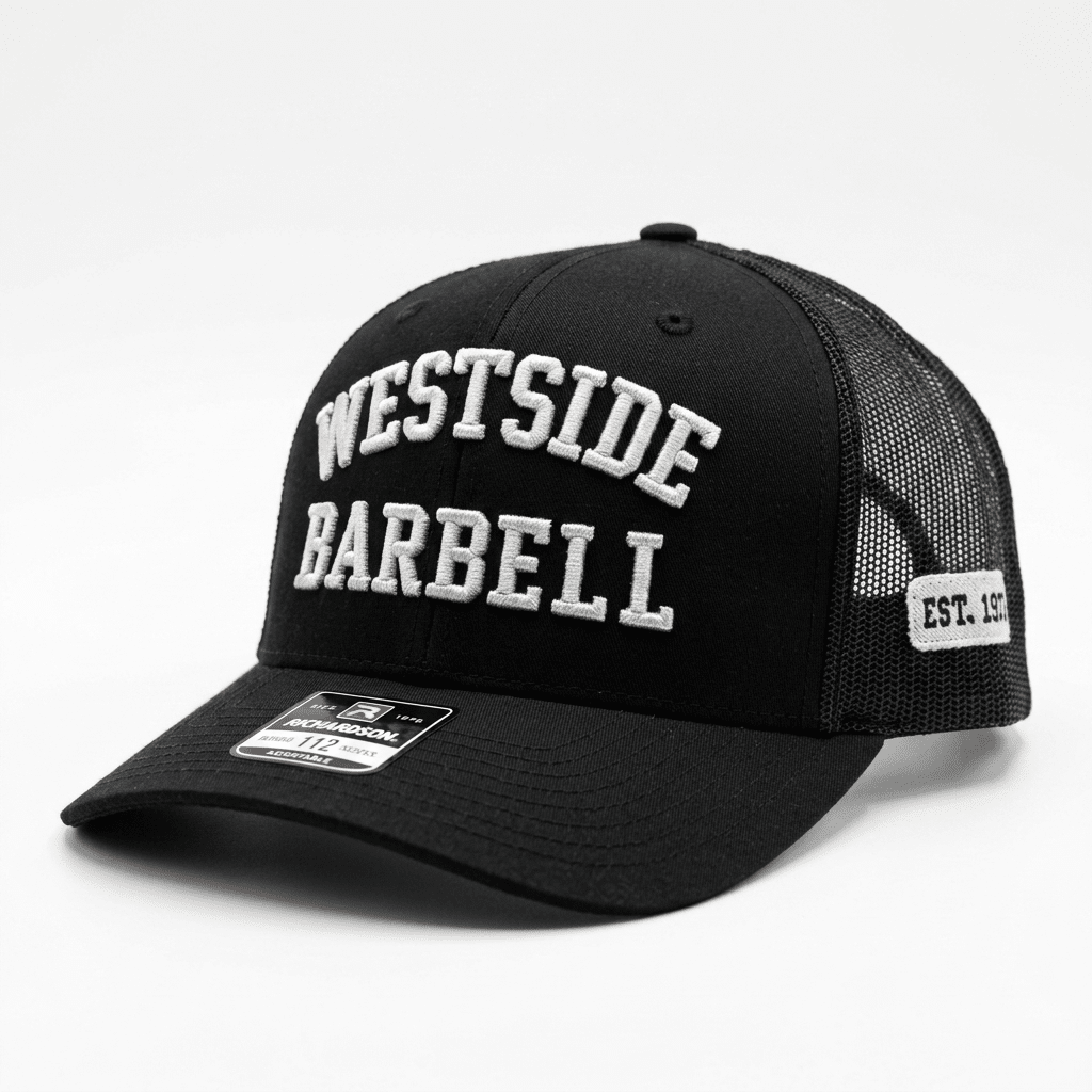 Westside Barbell EST. 1972 black snapback angled to show the EST. 1972 side embroidery and curved brim