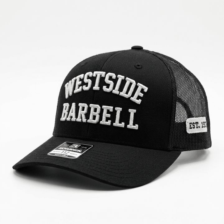 Westside Barbell EST. 1972 black snapback angled to show the EST. 1972 side embroidery and curved brim