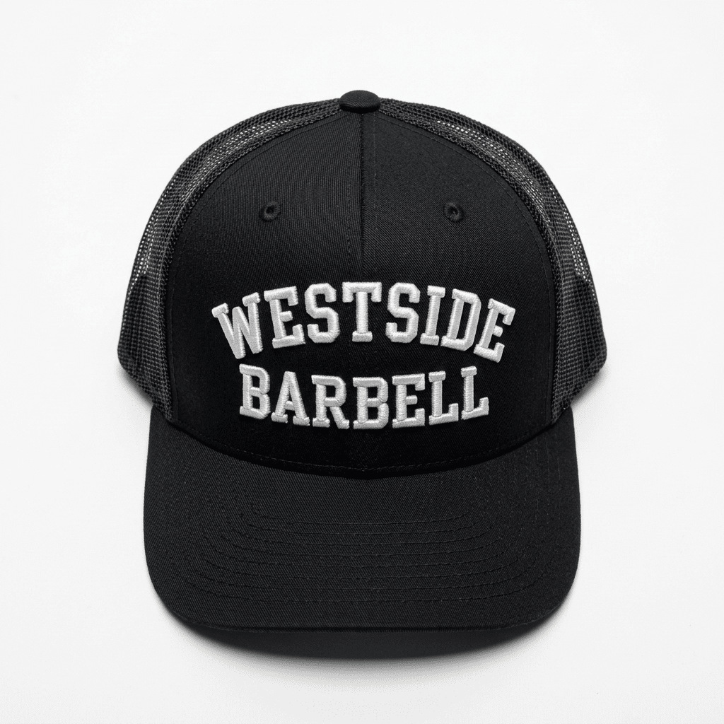 Front view of the black Westside Barbell EST. 1972 trucker snapback with arched WESTSIDE BARBELL lettering