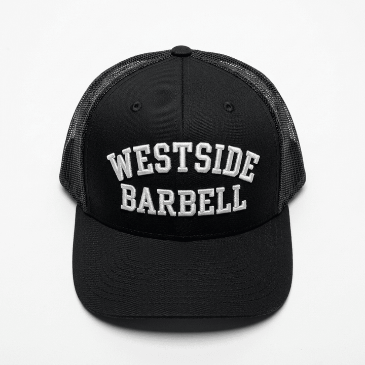 Front view of the black Westside Barbell EST. 1972 trucker snapback with arched WESTSIDE BARBELL lettering