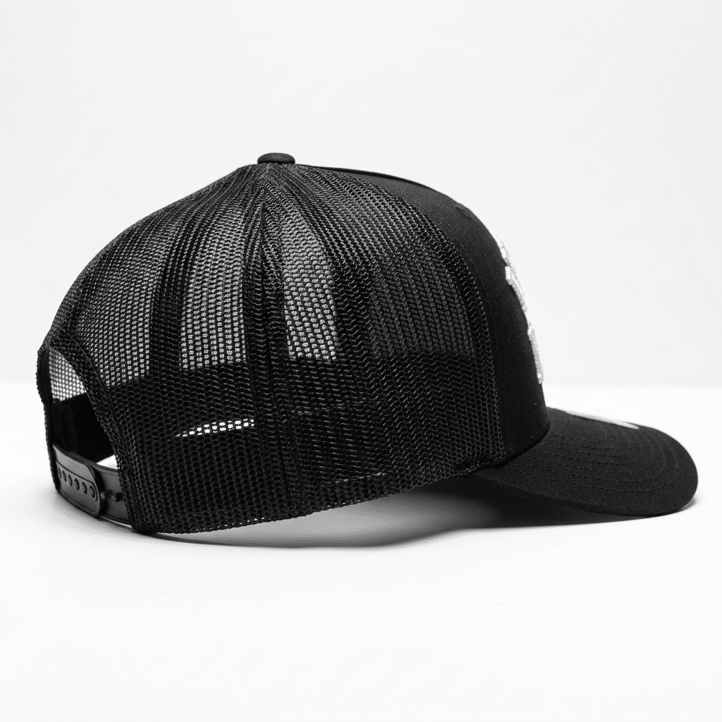 Side profile of the Westside Barbell EST. 1972 black snapback showing the breathable mesh back panel