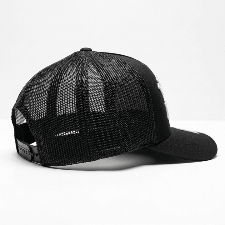 Side profile of the Westside Barbell EST. 1972 black snapback showing the breathable mesh back panel