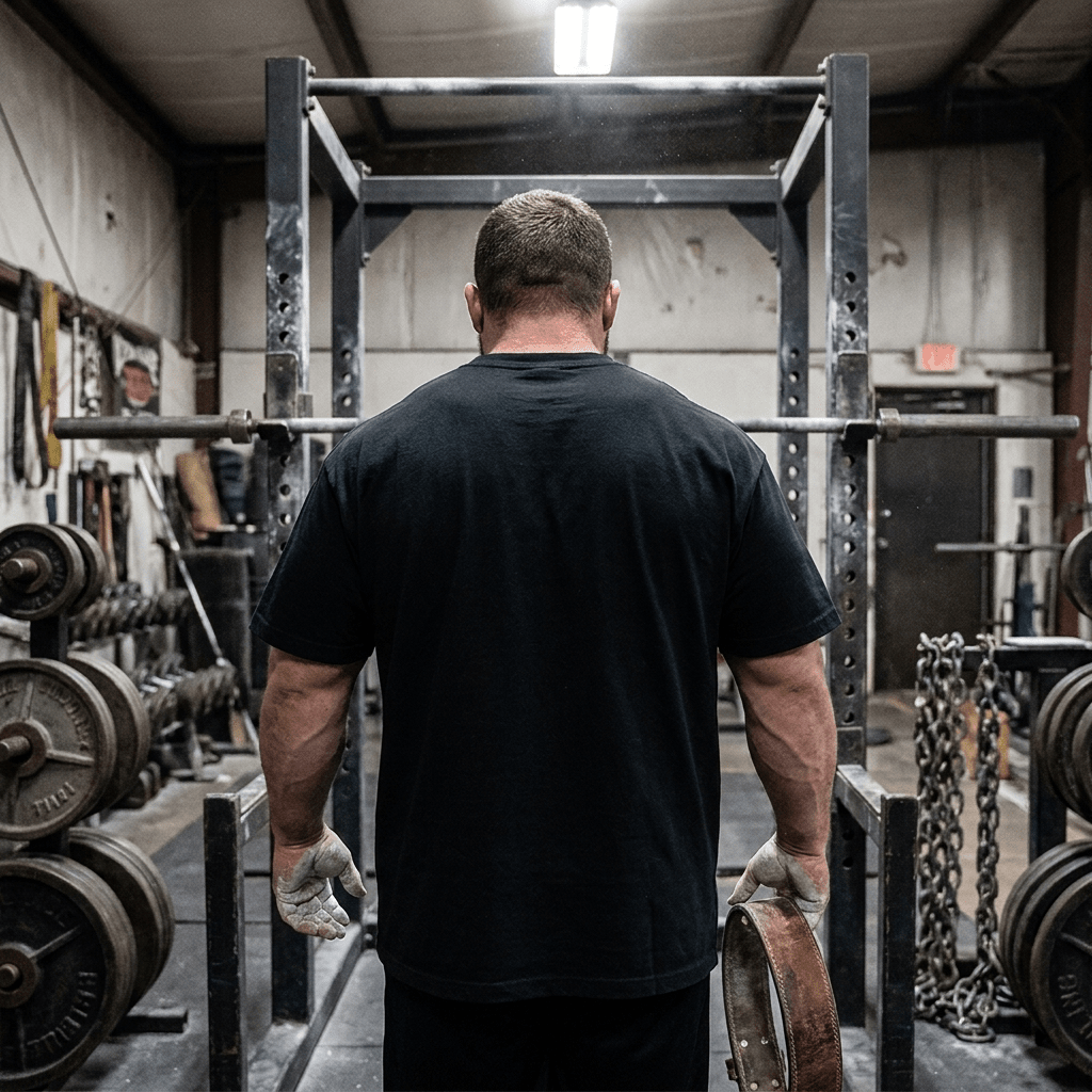 Back view of a lifter walking to a squat rack wearing the black Westside Barbell heavyweight vintage tee, showing the plain solid black back, boxy relaxed fit, and drop shoulders