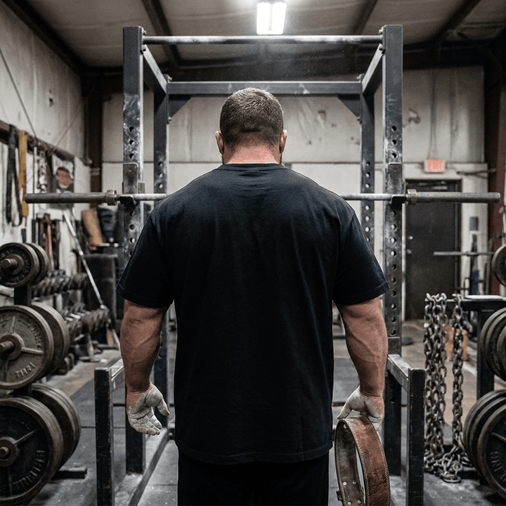 Back view of a lifter walking to a squat rack wearing the black Westside Barbell heavyweight vintage tee, showing the plain solid black back, boxy relaxed fit, and drop shoulders