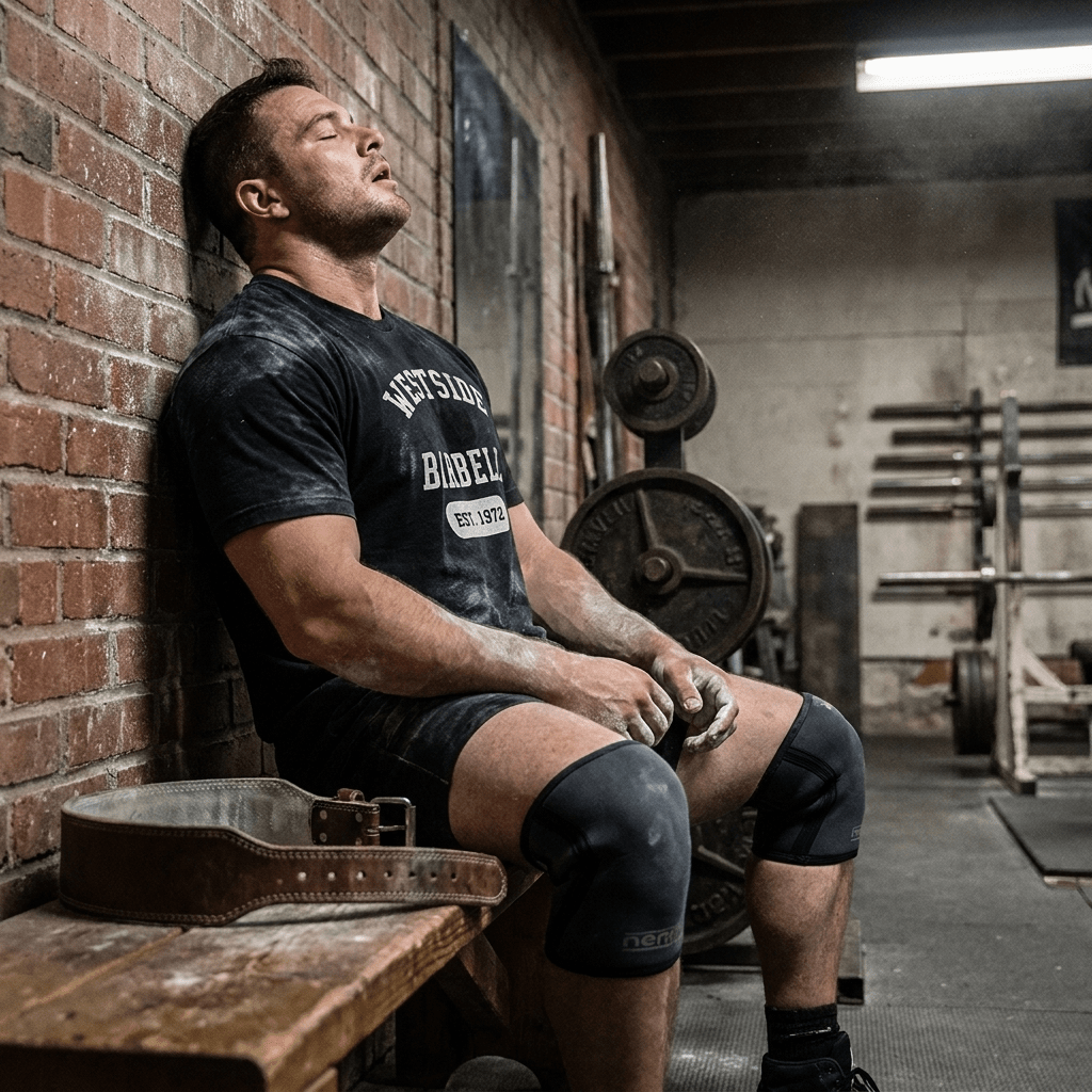 Athlete resting between sets on a gym bench wearing the black Westside Barbell EST. 1972 heavyweight vintage tee, chalk on forearms with a lifting belt and knee sleeves nearby