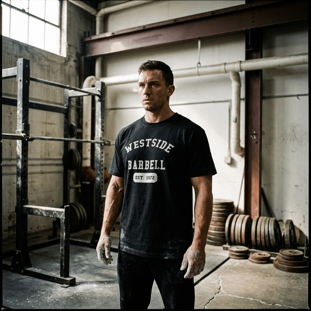 Powerlifter wearing the black Westside Barbell EST. 1972 heavyweight vintage tee in front of a chalked monolift squat rack in a raw powerlifting gym