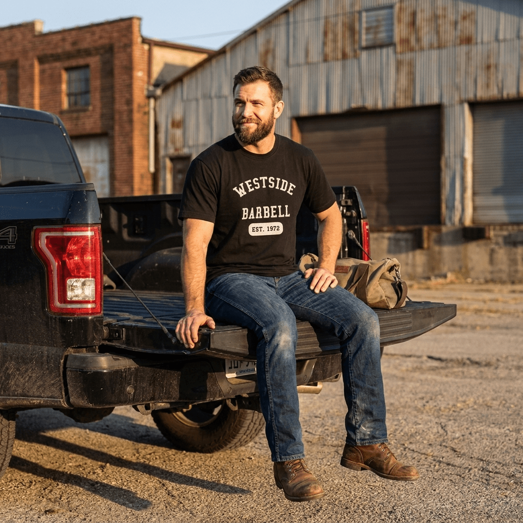 Bearded man wearing the black Westside Barbell EST. 1972 heavyweight vintage tee with jeans and work boots, sitting on a pickup truck tailgate at golden hour
