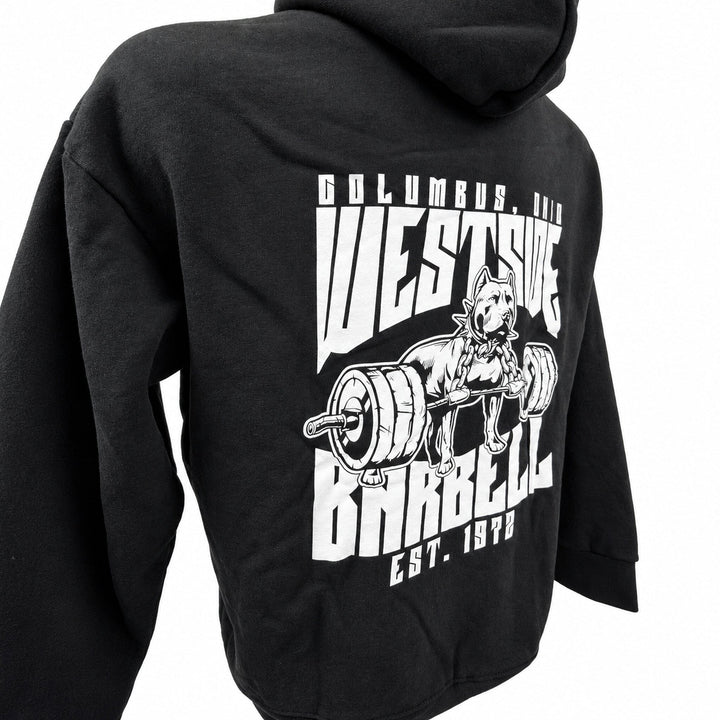 Angled back view of black Westside Barbell graphic hoodie
