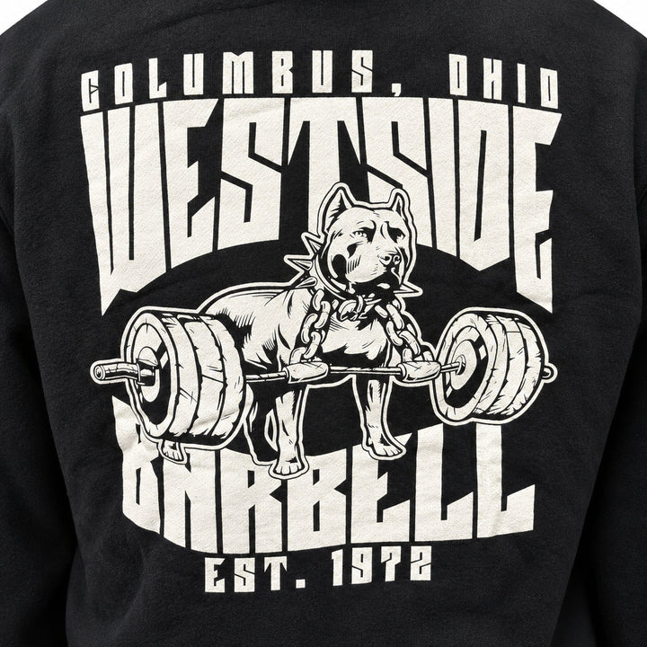 Close-up of Westside Barbell dog-and-barbell back print on black hoodie