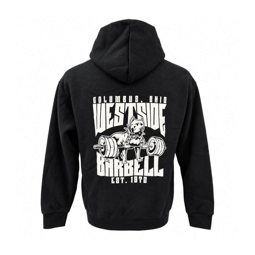 Back of black Westside Barbell hoodie with large dog-and-barbell graphic