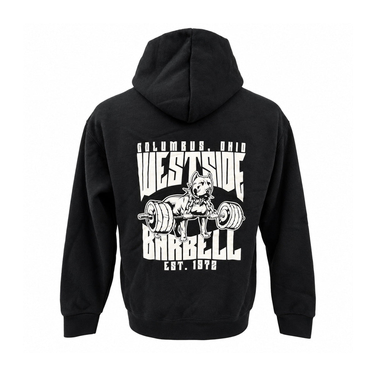 Back of black Westside Barbell hoodie with large dog-and-barbell graphic