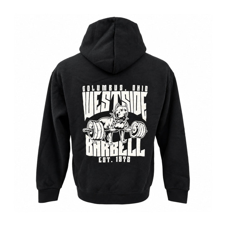 Back of black Westside Barbell hoodie with large dog-and-barbell graphic
