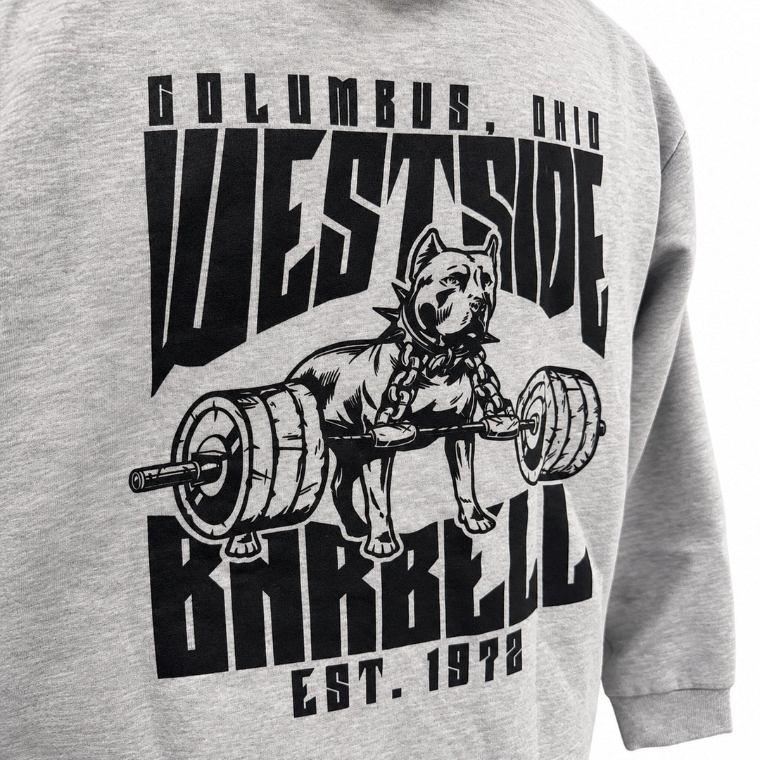 Angled back view of grey heather Westside Barbell graphic hoodie
