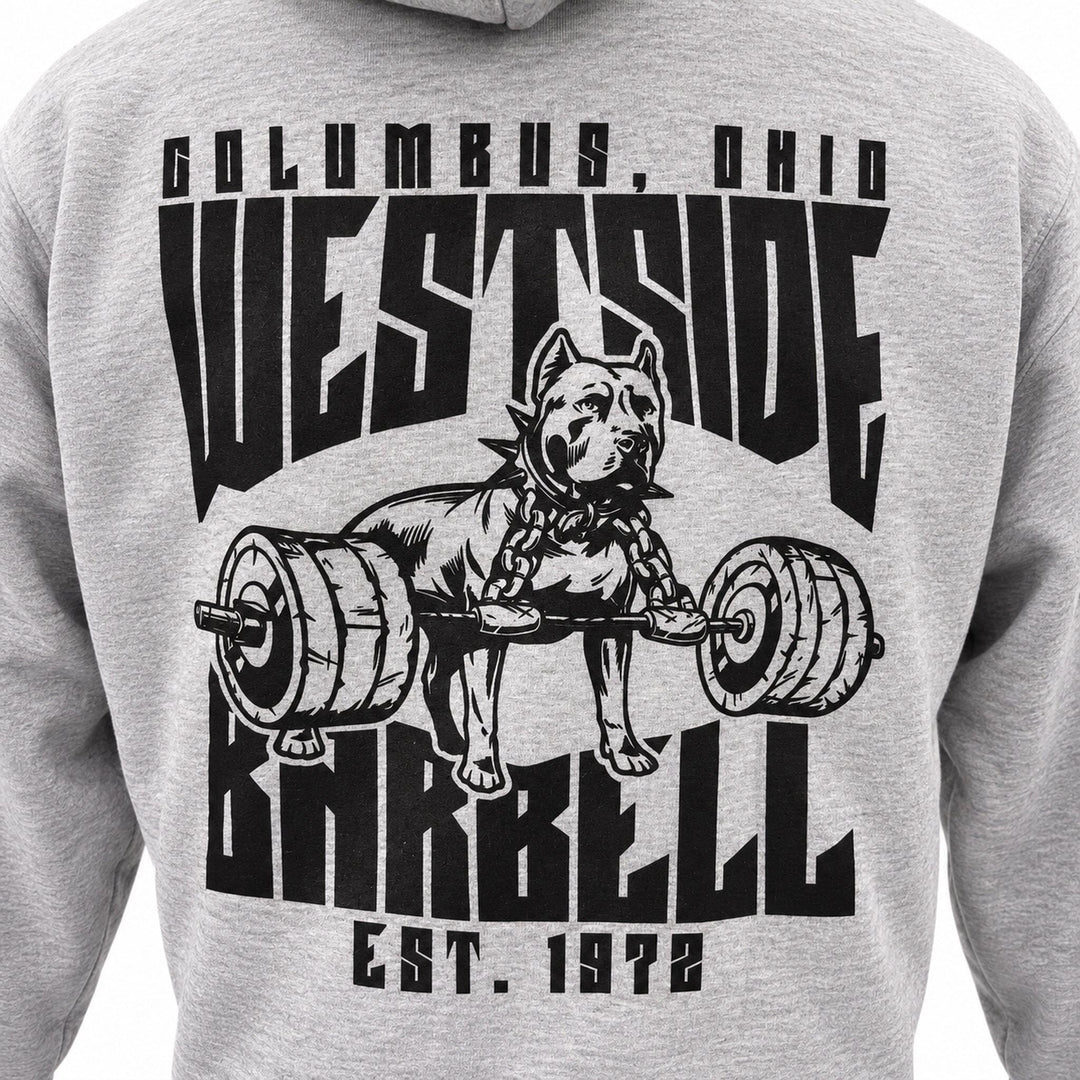 Close-up of black Westside Barbell dog-and-barbell back print on grey heather hoodie
