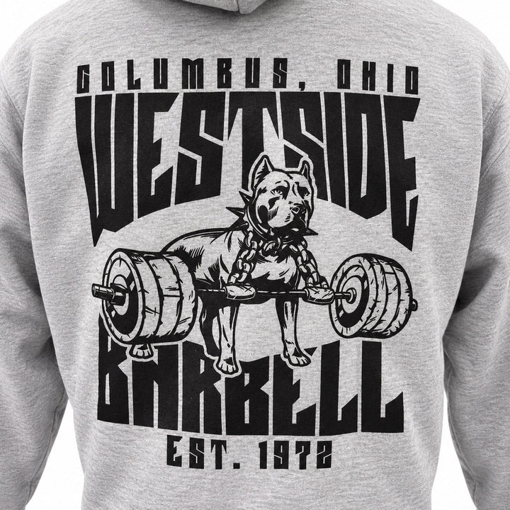 Close-up of black Westside Barbell dog-and-barbell back print on grey heather hoodie