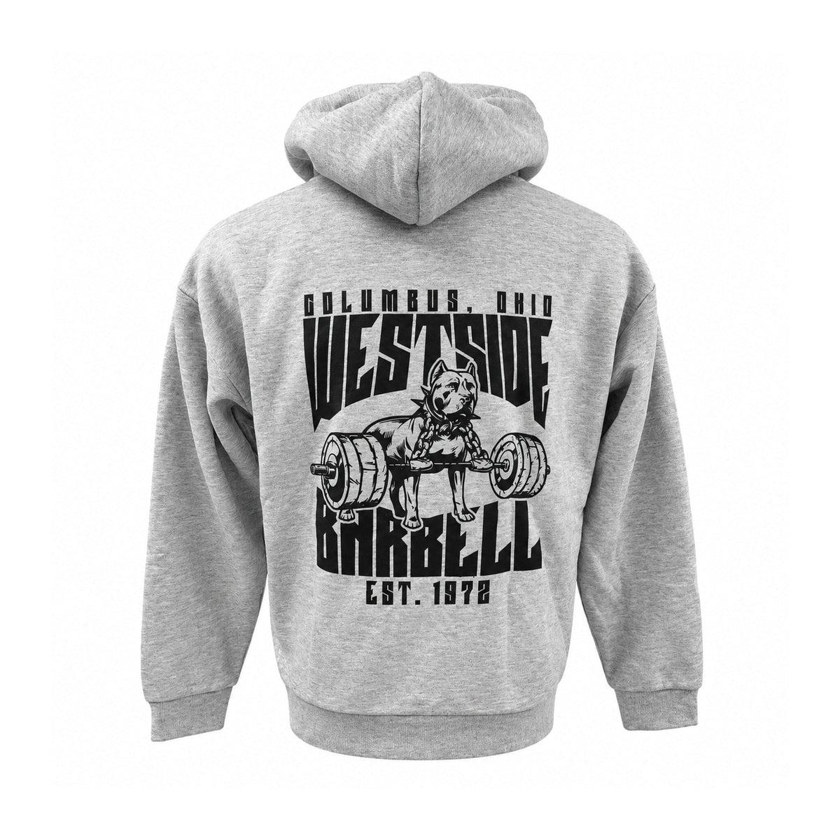 Back of grey heather Westside Barbell hoodie with black dog-and-barbell graphic