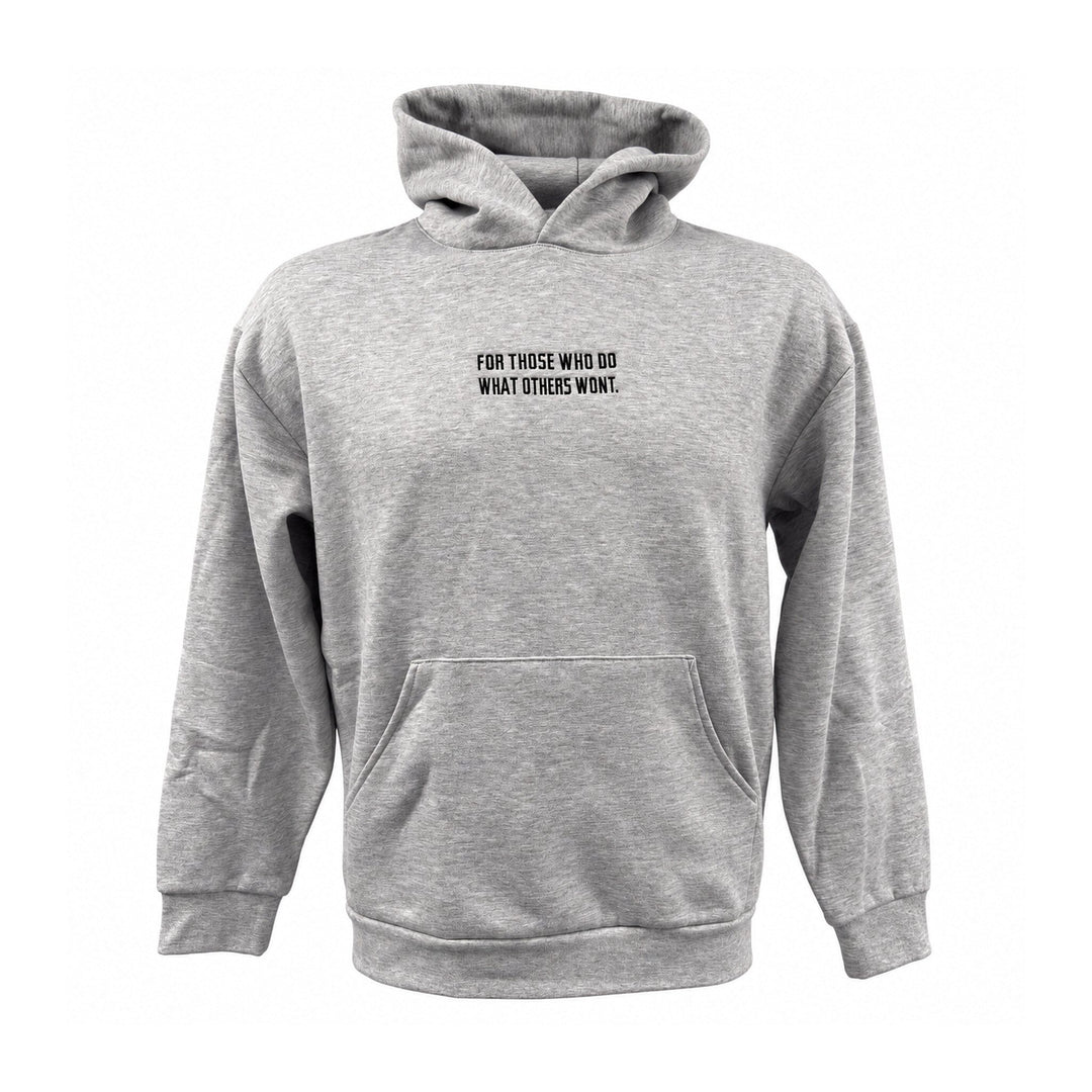 Front of grey heather Westside Barbell hoodie with For Those Who Do What Others Won’t chest print