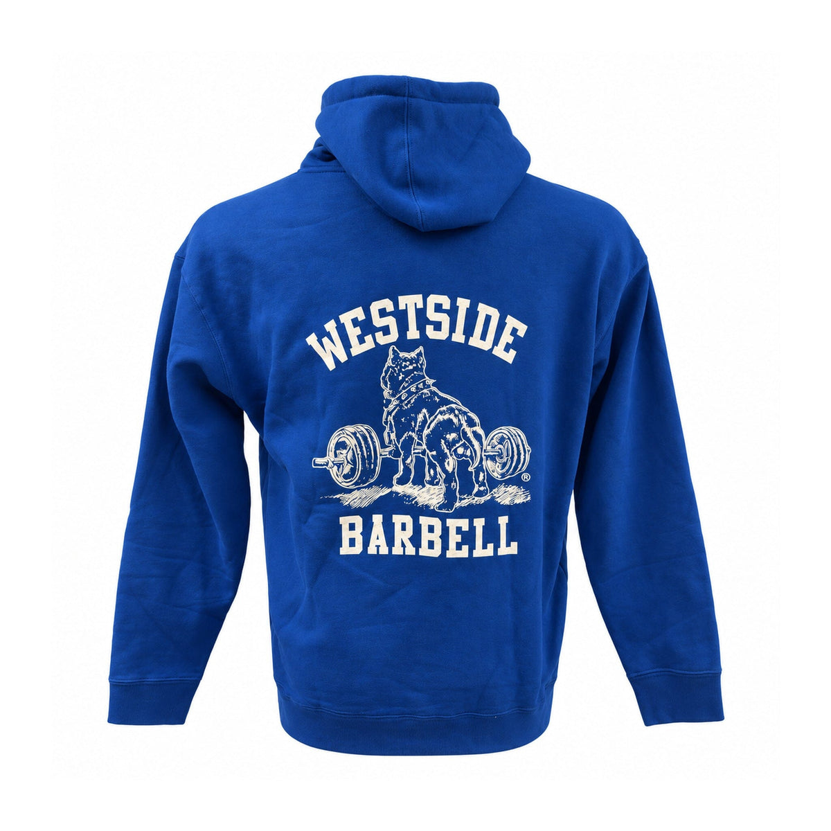 Back of royal blue Westside Barbell hoodie with white Nitro logo
