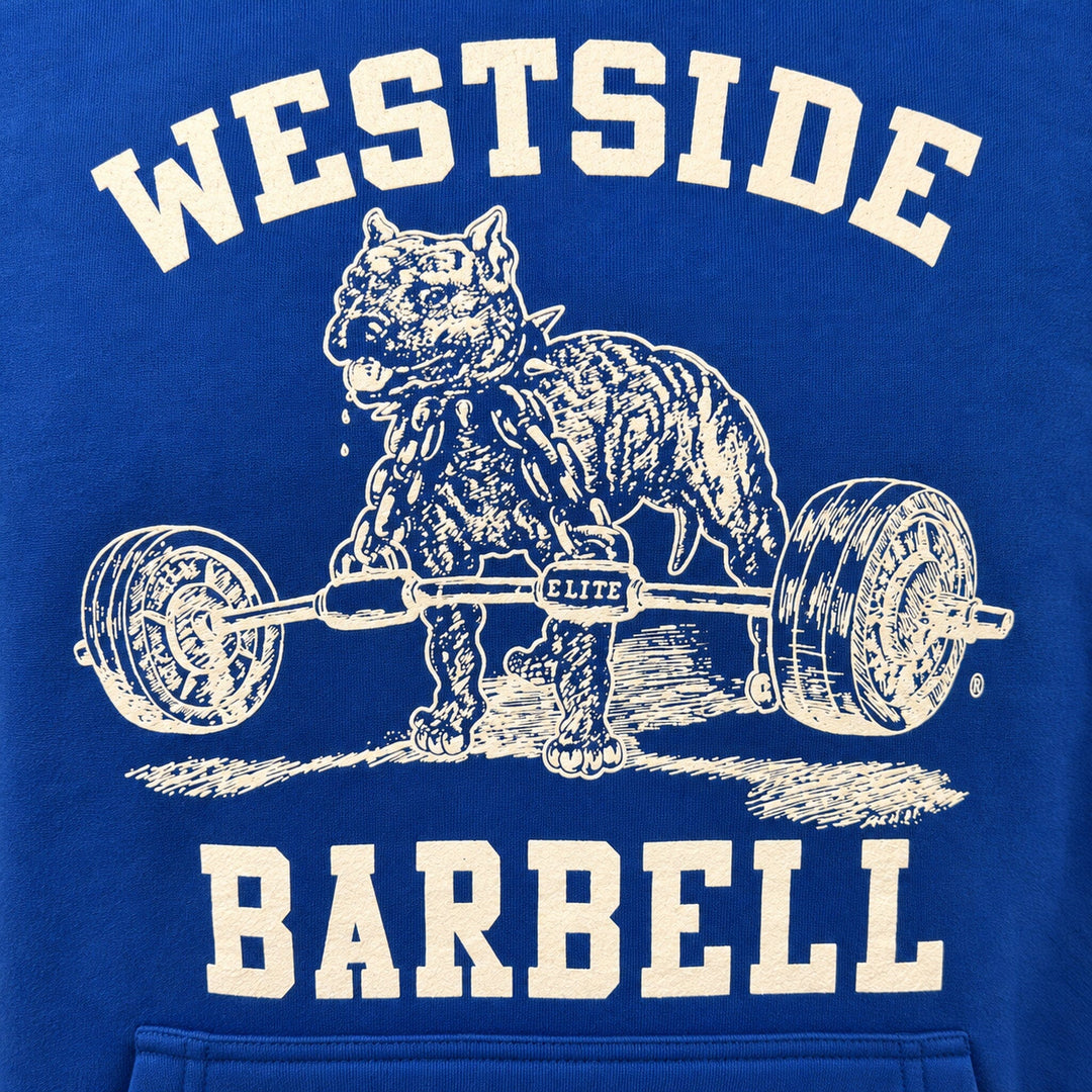 Close-up of white Nitro logo on royal blue Westside Barbell hoodie