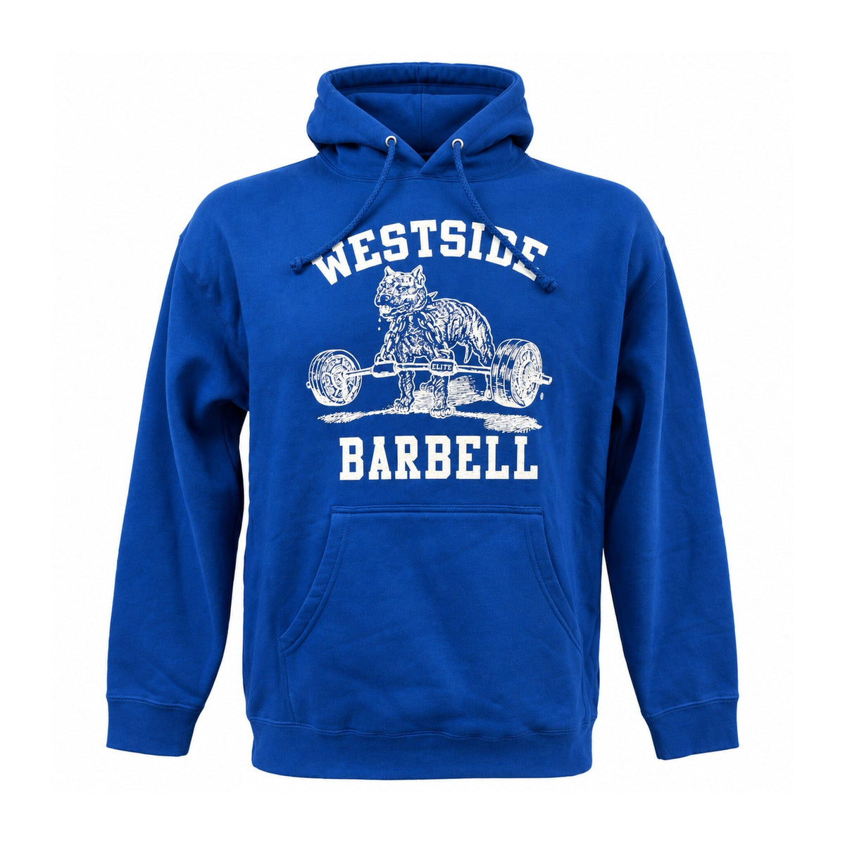Front of royal blue Westside Barbell hoodie with white Nitro logo