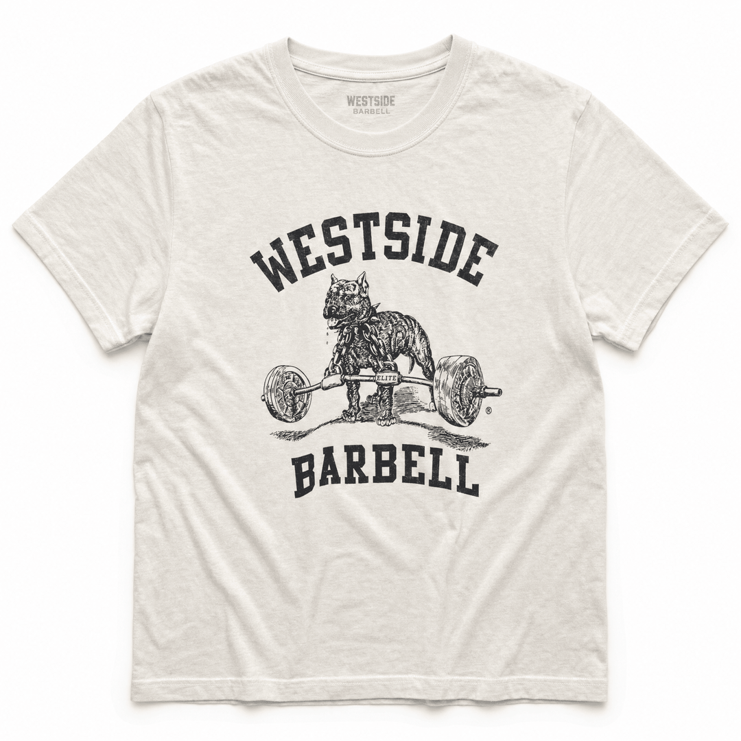 Westside Barbell Washed OG Nitro tee in vintage white, a heavyweight garment-dyed cotton t-shirt with the original Nitro pitbull and barbell logo.