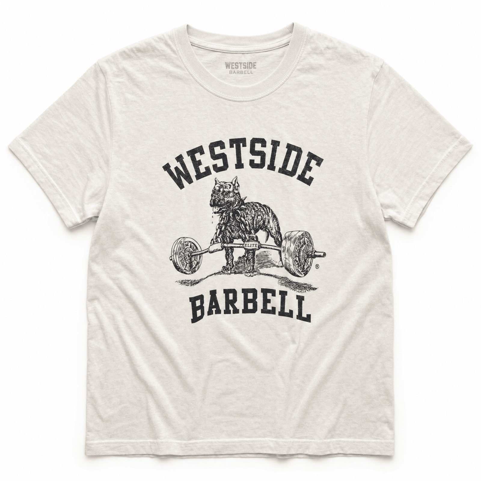 Westside Barbell Washed OG Nitro tee in vintage white, a heavyweight garment-dyed cotton t-shirt with the original Nitro pitbull and barbell logo.