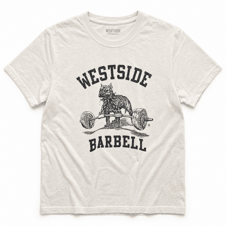 Westside Barbell Washed OG Nitro tee in vintage white, a heavyweight garment-dyed cotton t-shirt with the original Nitro pitbull and barbell logo.
