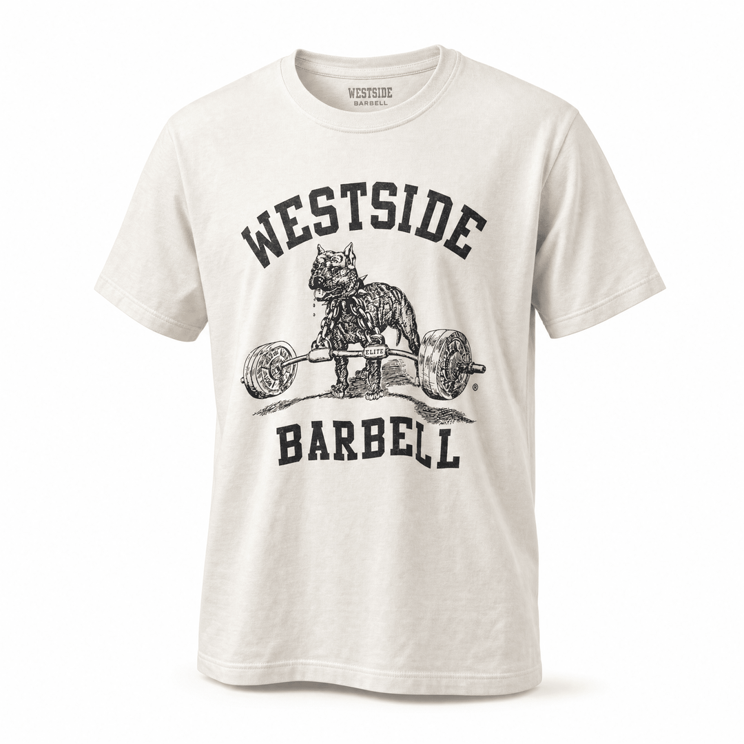Westside Barbell Washed OG Nitro garment-dyed t-shirt in vintage white, shown in a relaxed unisex fit.