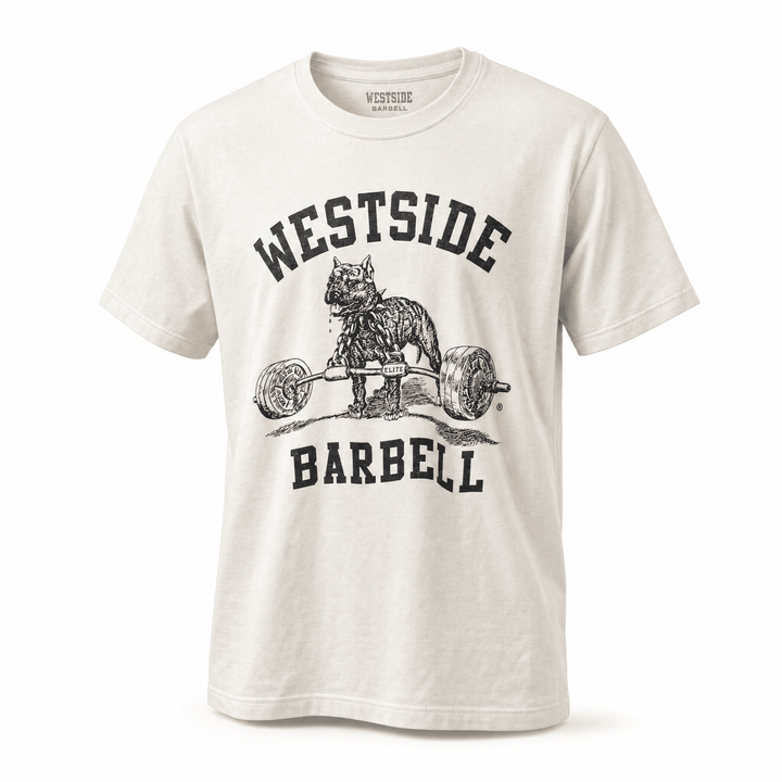 Westside Barbell Washed OG Nitro garment-dyed t-shirt in vintage white, shown in a relaxed unisex fit.