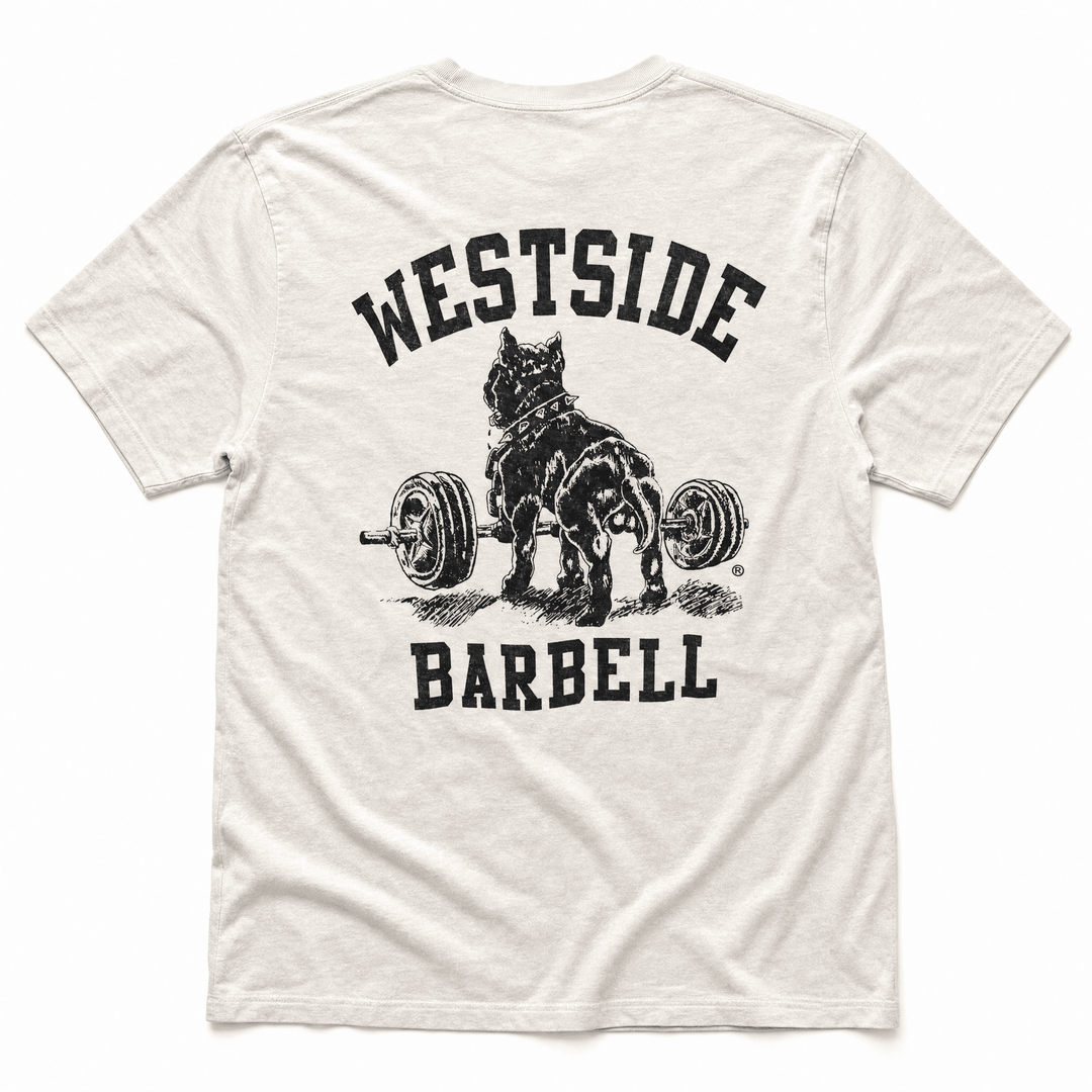 The original Nitro pitbull and barbell logo on the Westside Barbell Washed OG Nitro tee in vintage white.