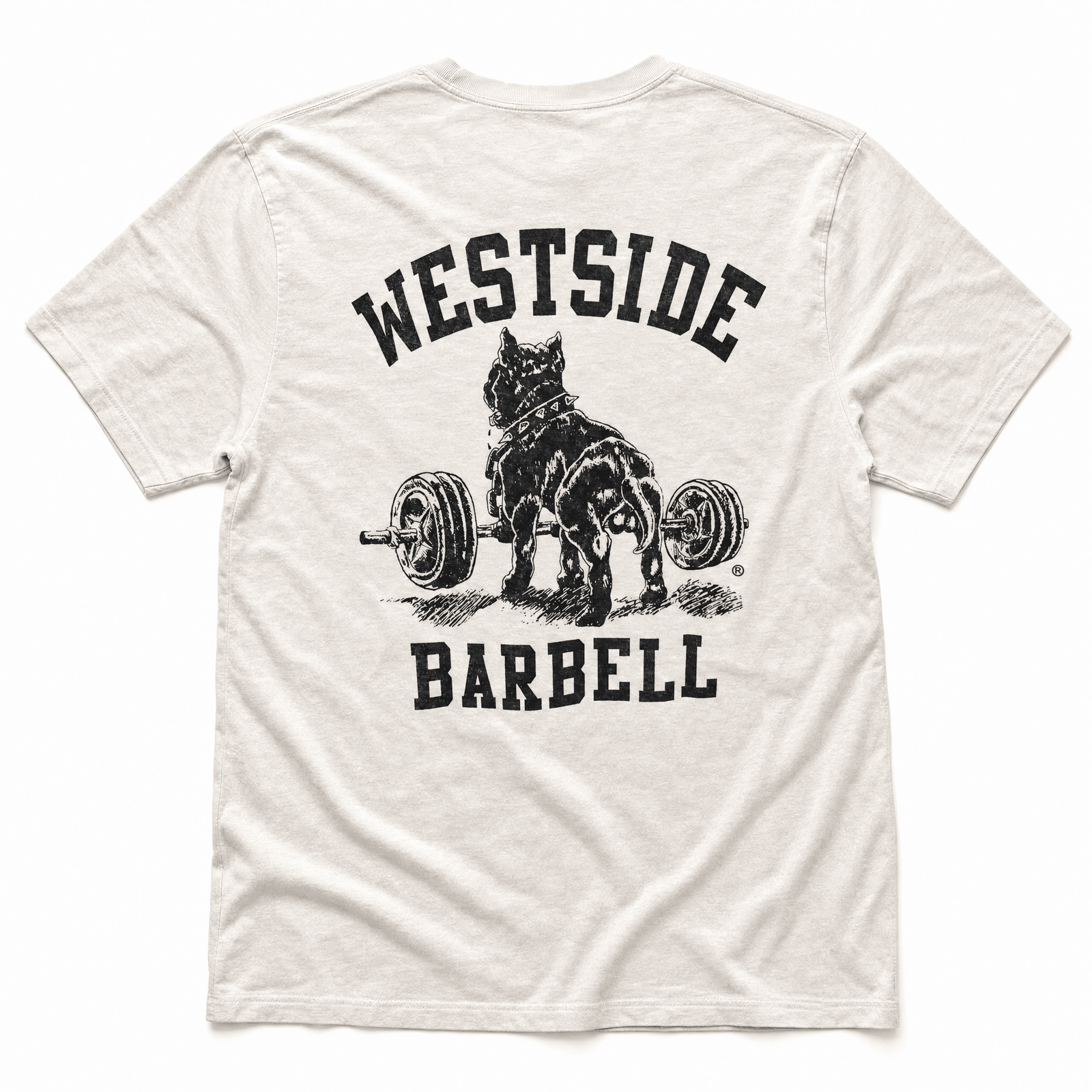 The original Nitro pitbull and barbell logo on the Westside Barbell Washed OG Nitro tee in vintage white.