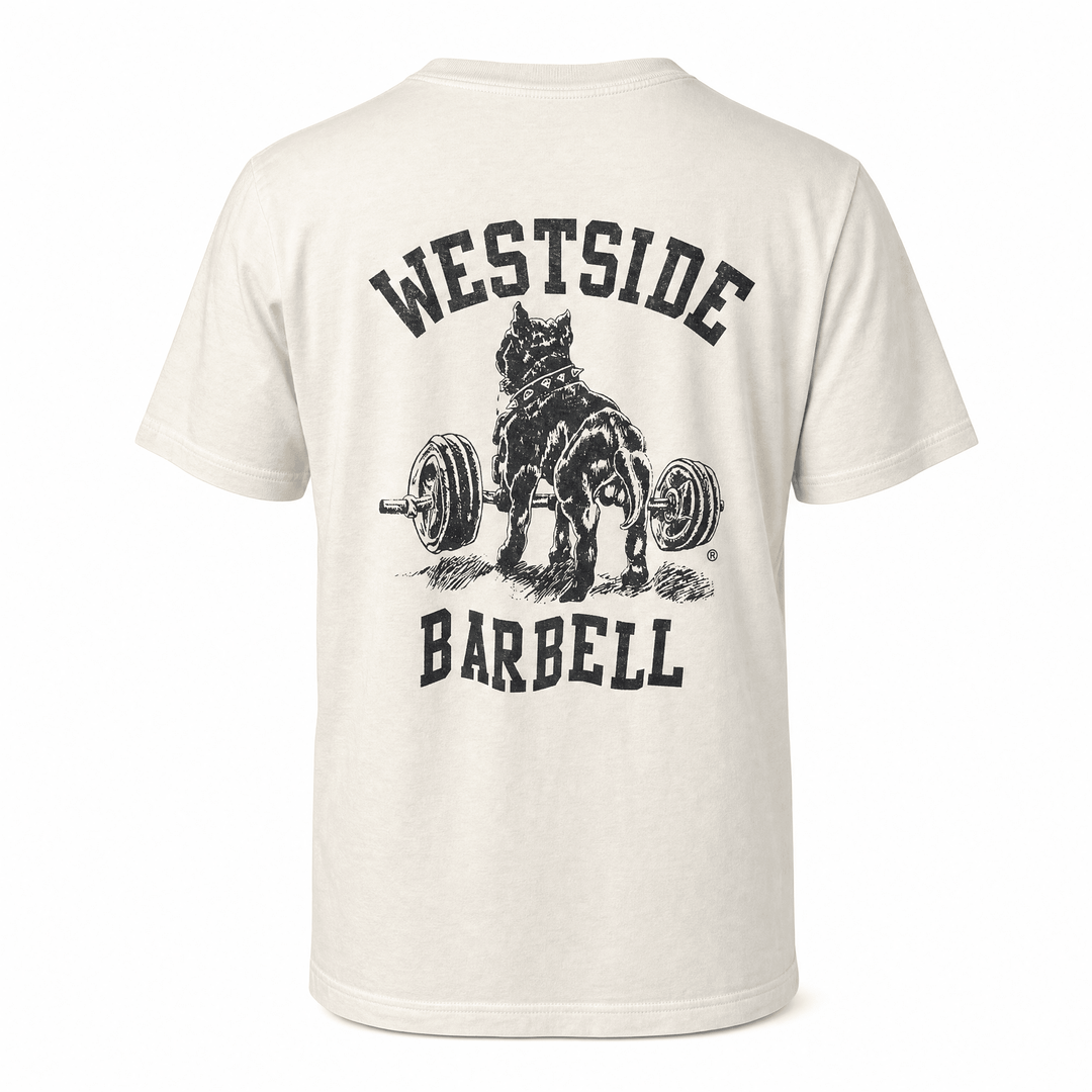 Heavyweight vintage white garment-dyed cotton tee from Westside Barbell featuring the OG Nitro logo.