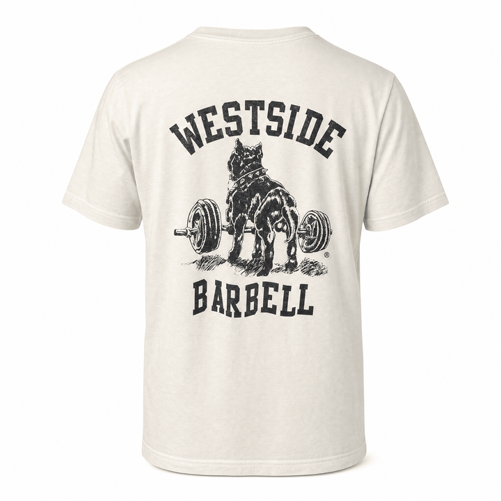 Heavyweight vintage white garment-dyed cotton tee from Westside Barbell featuring the OG Nitro logo.