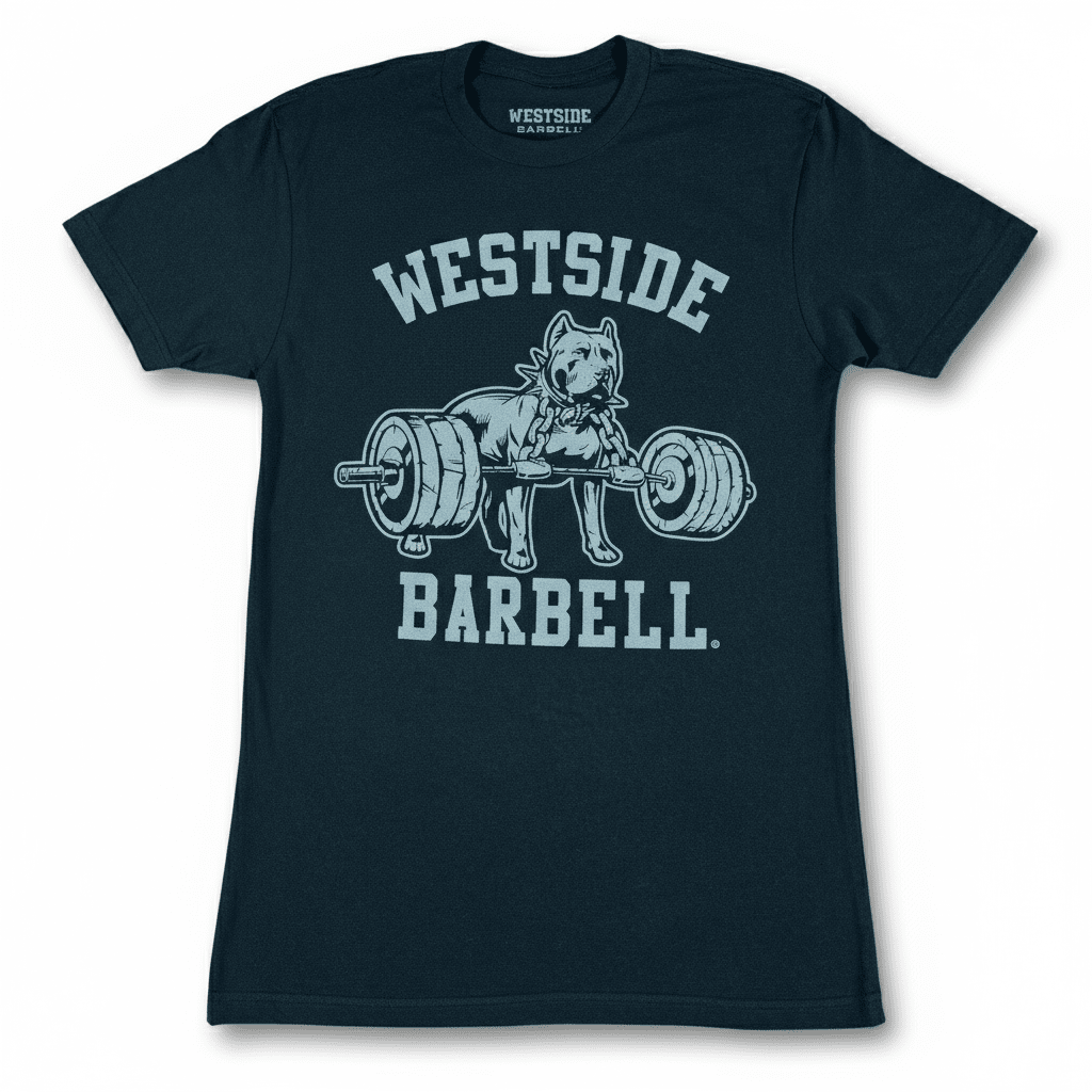 Black t-shirt with 'Westside Barbell' graphic on a white background