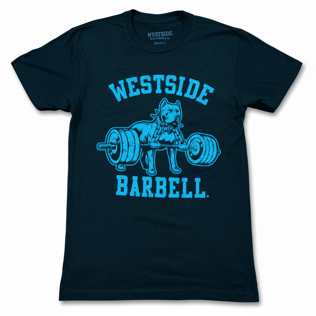 Black t-shirt with blue 'Westside Barbell' graphic on a white background