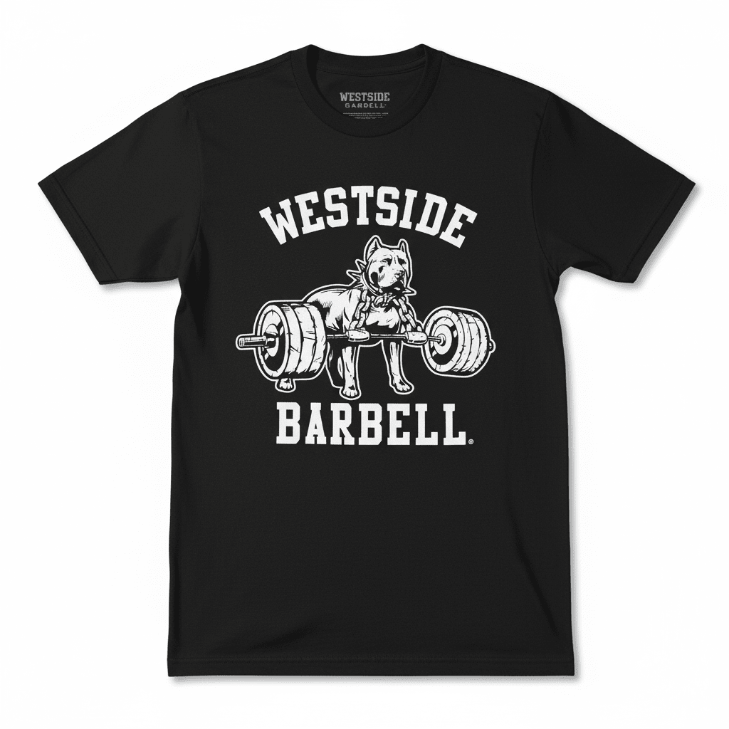 Black t-shirt with 'Westside Barbell' graphic and text on a white background